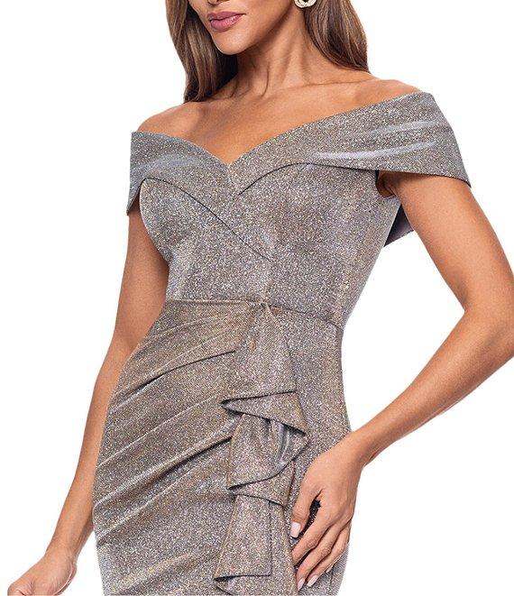 Xscape Petite Size Foil Knit Off The Shoulder Gown Product Image
