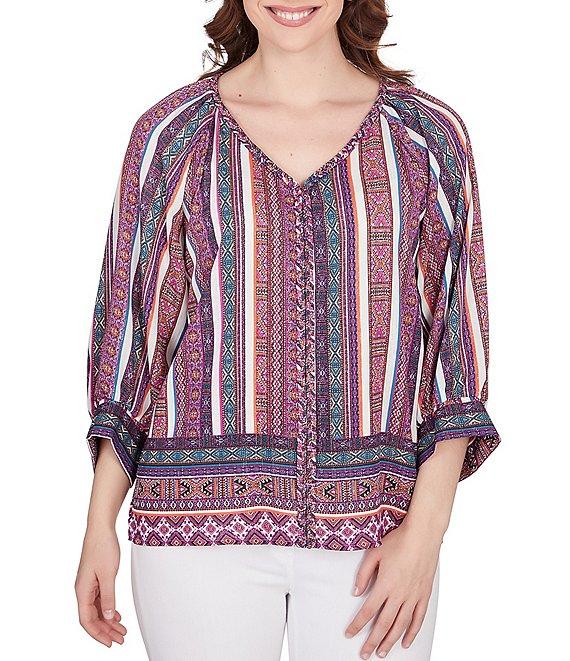 Ruby Rd. Southwest Stripe Border Print Metallic Detail Braid Trim V-Neck 3/4 Balloon Sleeve Top Product Image