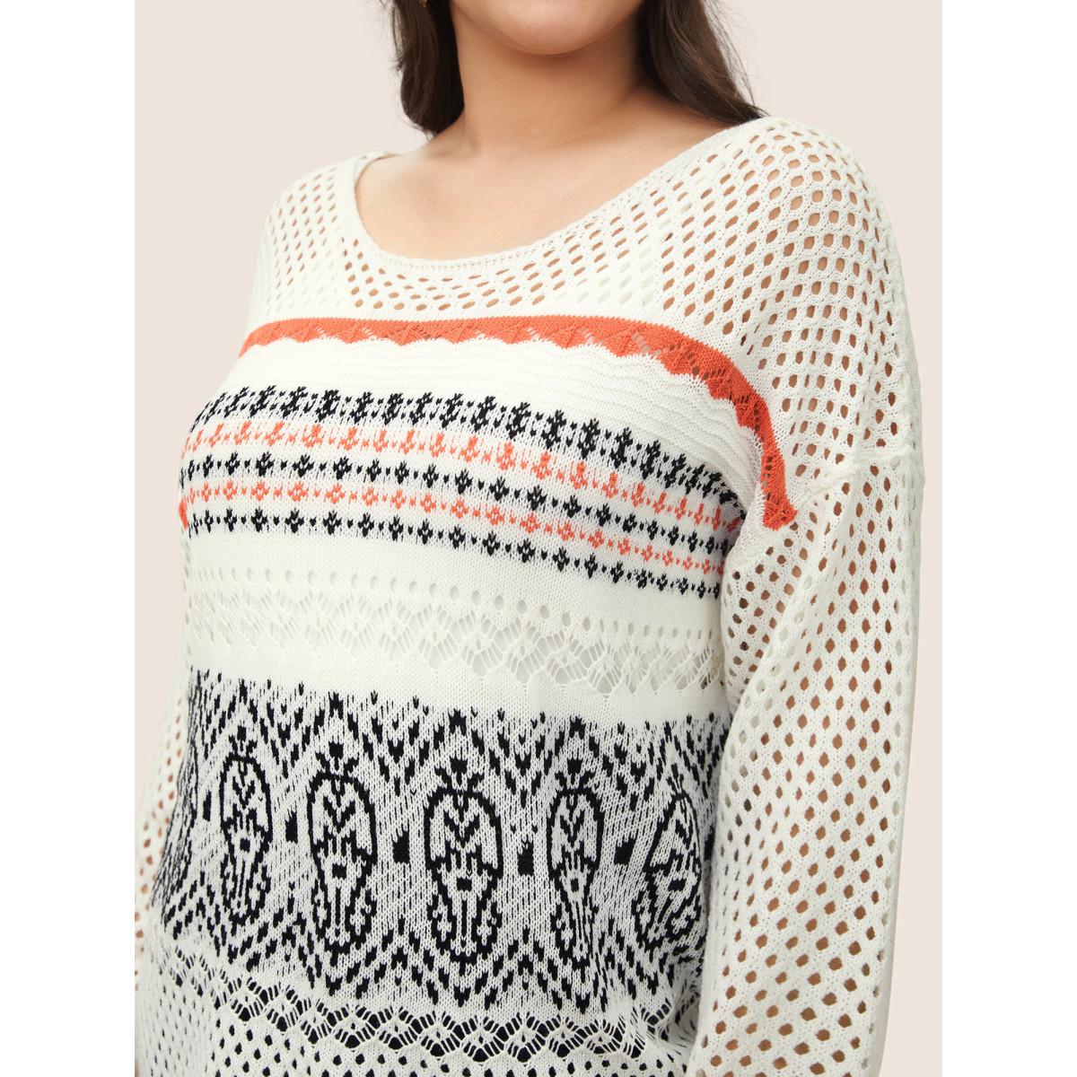 Plus Size Jacquard Hollow Out Drop Shoulder Pullover White Women Casual Long Sleeve Round Neck Everyday Pullovers BloomChic 14-16/1X Product Image