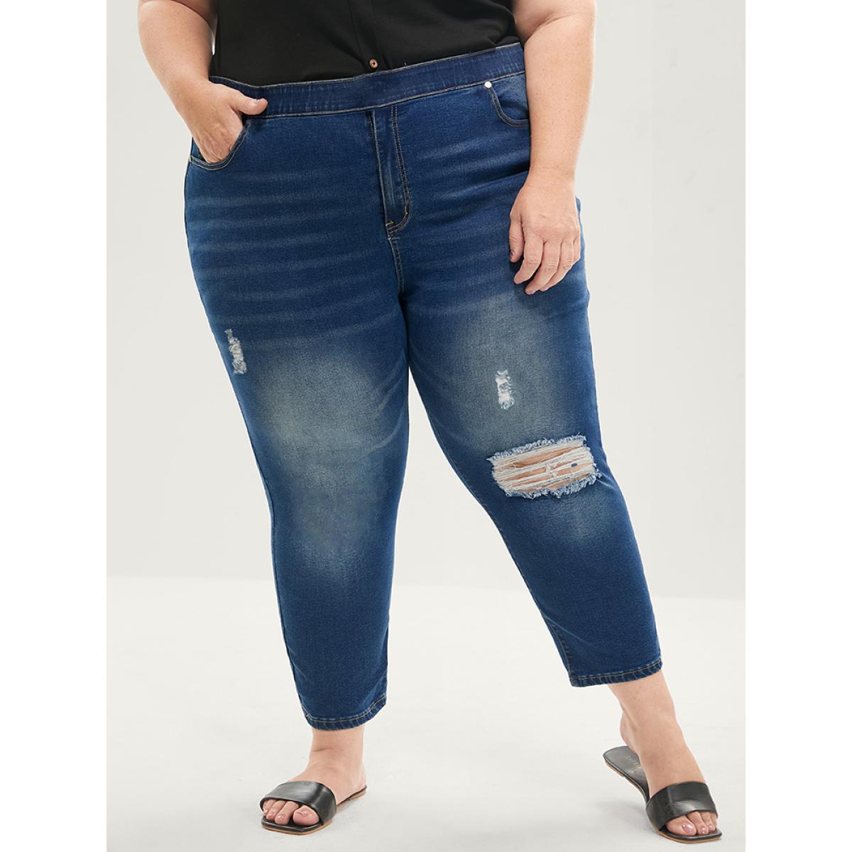 Plus Size Skinny Very Stretchy High Rise Medium Wash Sculpt Waist Jeans Women DarkBlue Casual Plain Tummy control High stretch Pocket Jeans BloomChic 14/1X Product Image