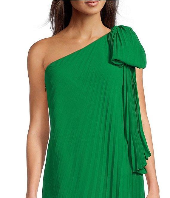 Belle by Badgley Mischka Anna One Shoulder Bow Pleated Dress Product Image