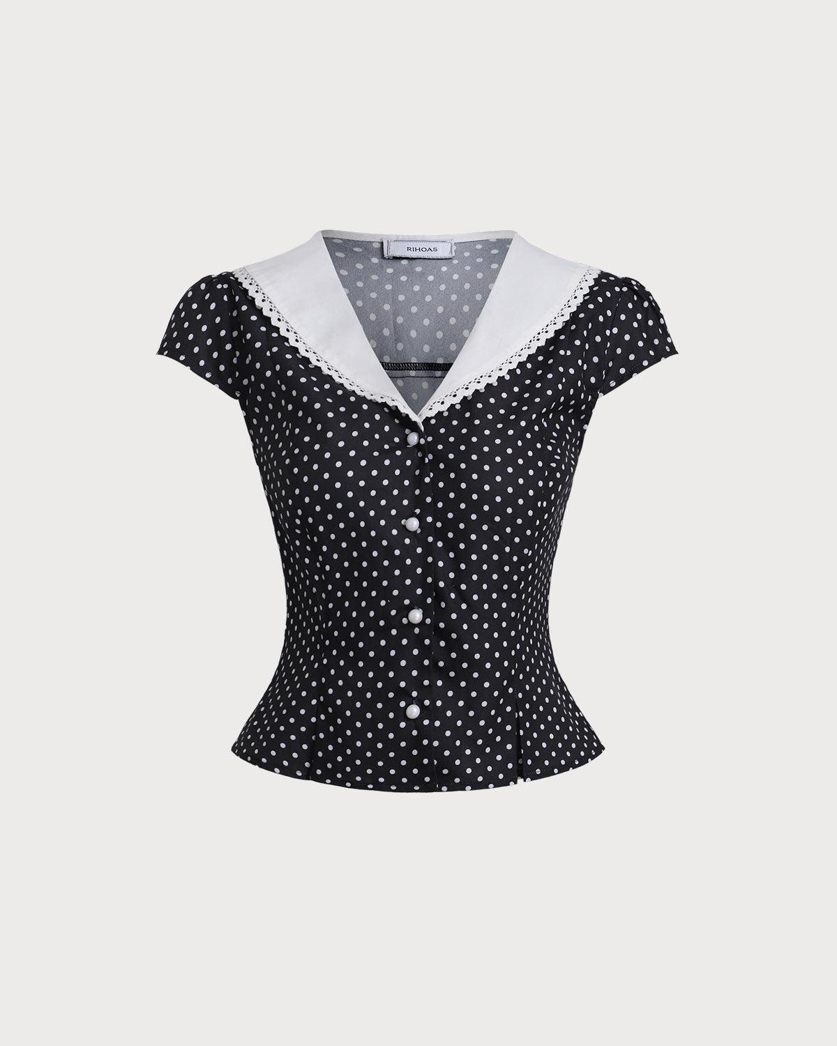 Black Polka Dot Cap Sleeve Shirt Product Image
