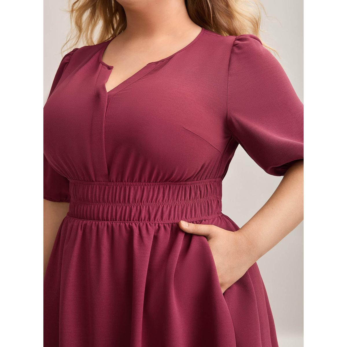 Plus Size Shirred Waist Split Neck Puff Sleeve Dress Burgundy Women At the Office Gathered Flat collar with V-notch Half Sleeve Curvy BloomChic 14-16/1X Product Image