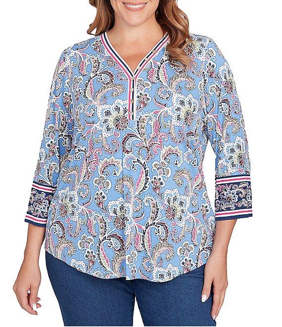 Ruby Rd. Plus Size Jersey Knit Paisley Stripe Ribbon V-Neck 3/4 Sleeve Top Product Image