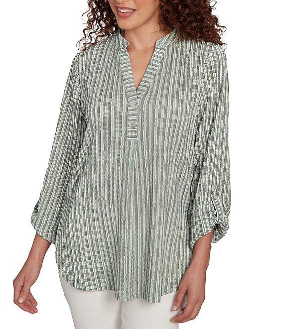 Ruby Rd. Crinkle Knit Stripe V-Neck Long Roll-Tab Sleeve Henley Top Product Image