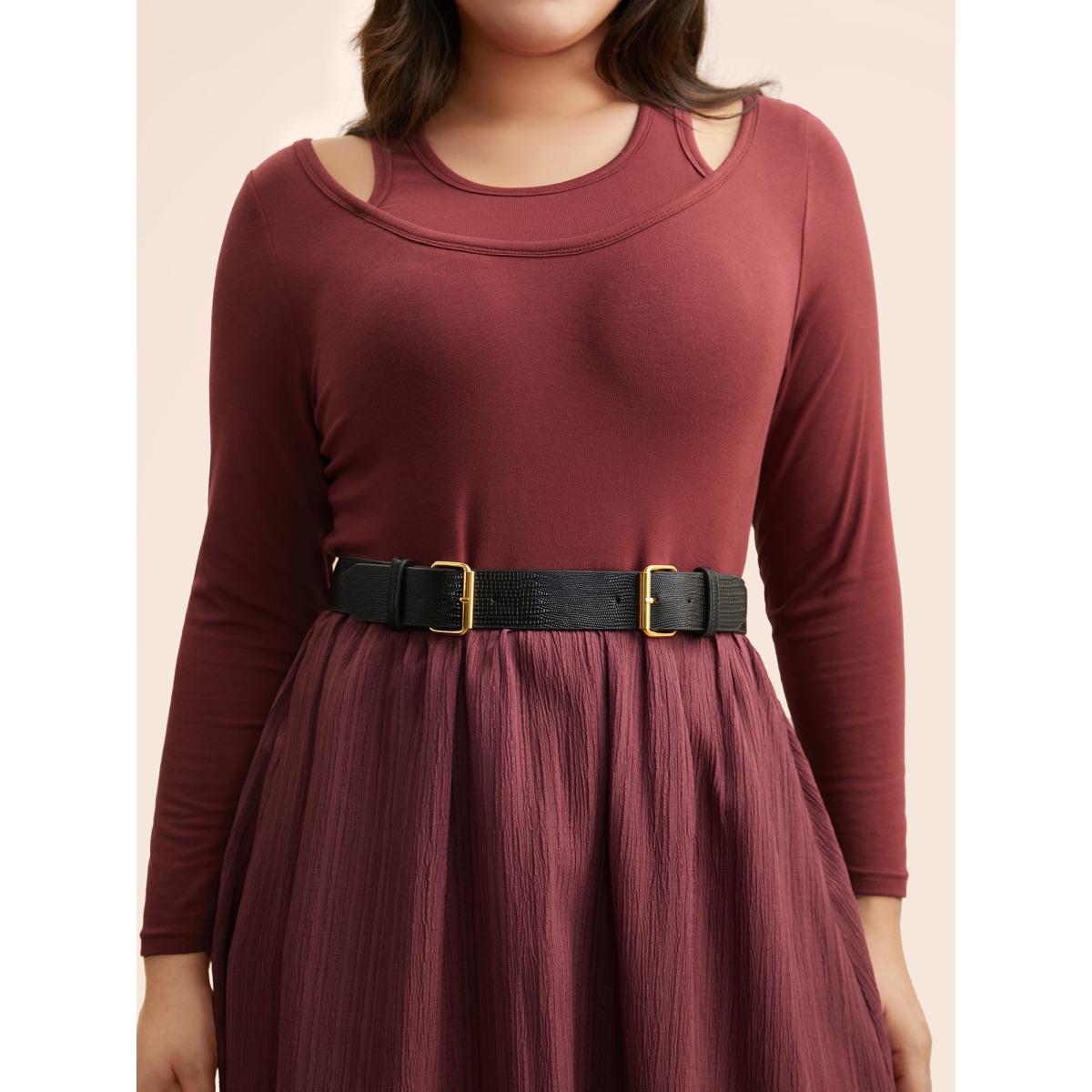 Plus Size 2-In-1 Patchwork Gathered Dress Burgundy Women Casual Texture Round Neck Long Sleeve Curvy BloomChic 18-20/2X Product Image