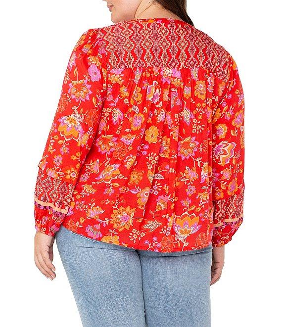 Liverpool Los Angeles Plus Size Woven Floral Split V-Neck Long Sleeve Button Front Blouse Product Image