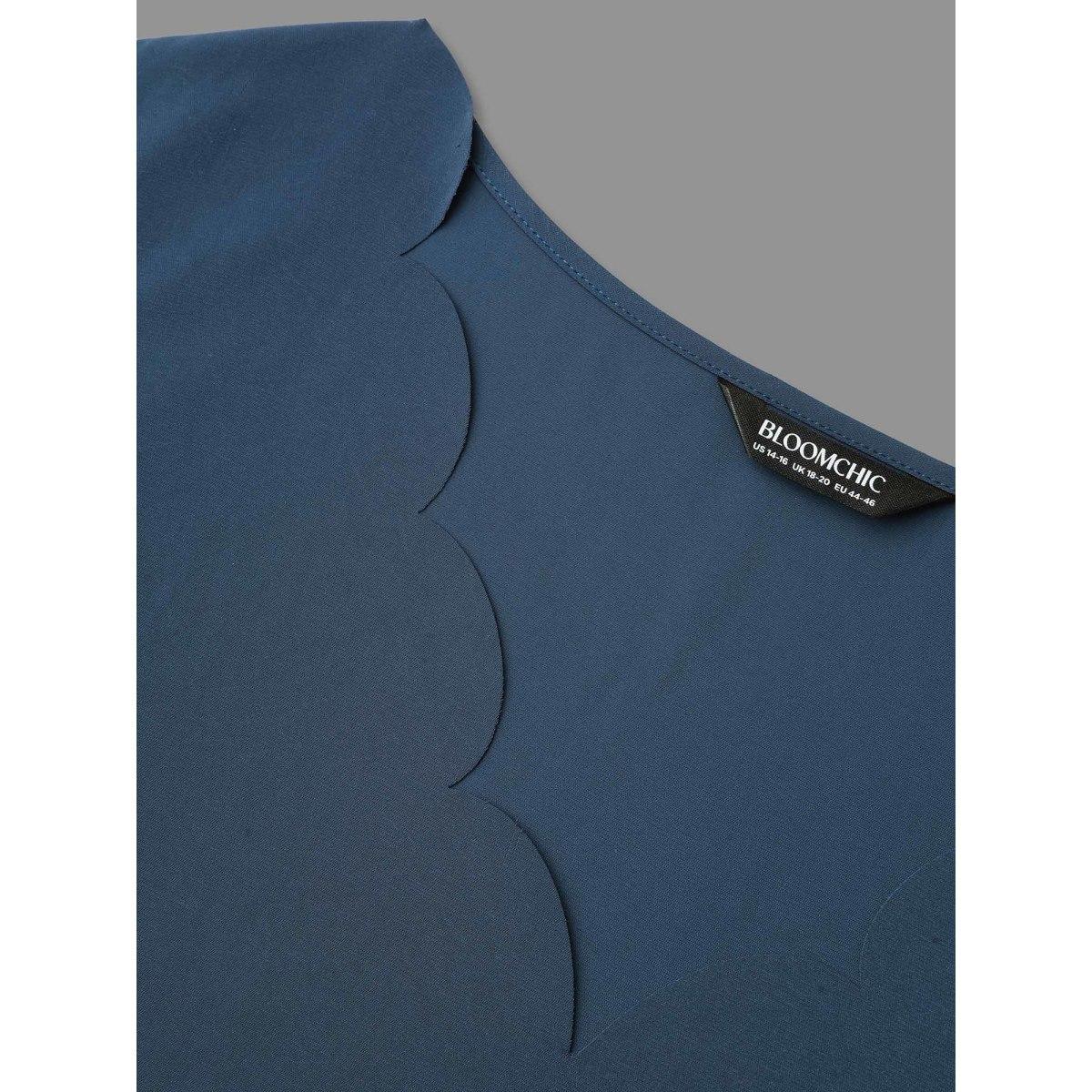 Plus Size Indigo Sheer Floral Sleeve Scalloped Neck Shirt Women Elegant Long Sleeve V-neck Everyday Blouses BloomChic 28/5X Product Image