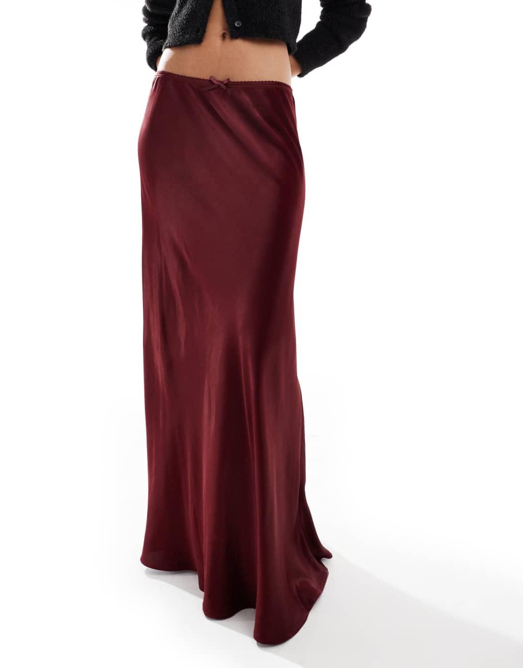 Miss Selfridge satin bias cut maxi skirt in burgundy Product Image