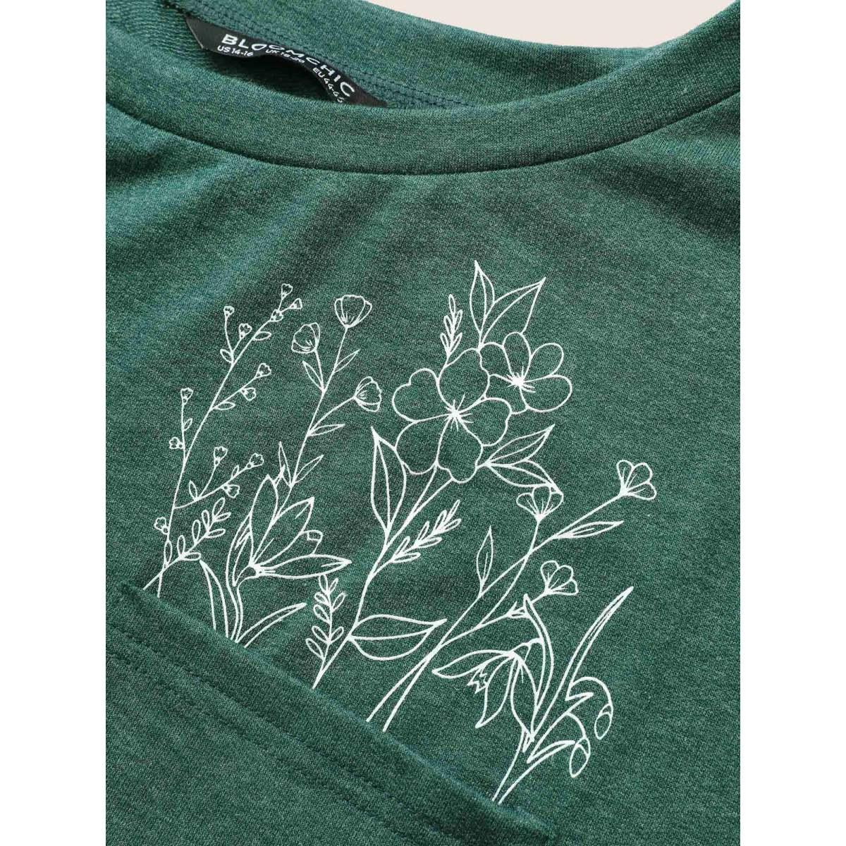 Plus Size Floral Print Heather Patched Pocket Sweatshirt Women Green Casual Non Round Neck Everyday Sweatshirts BloomChic 30/6X Product Image