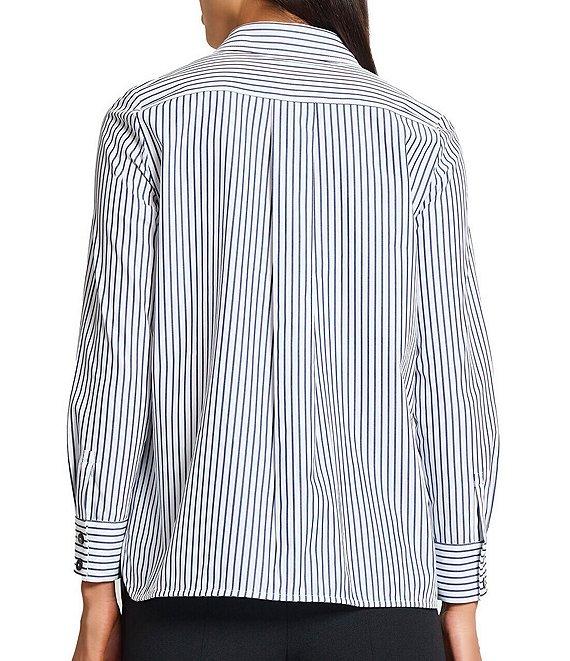 Ming Wang x Tanya Foster Cotton Pinstripe Point Collar Water Fall Long Sleeve Blouse Product Image
