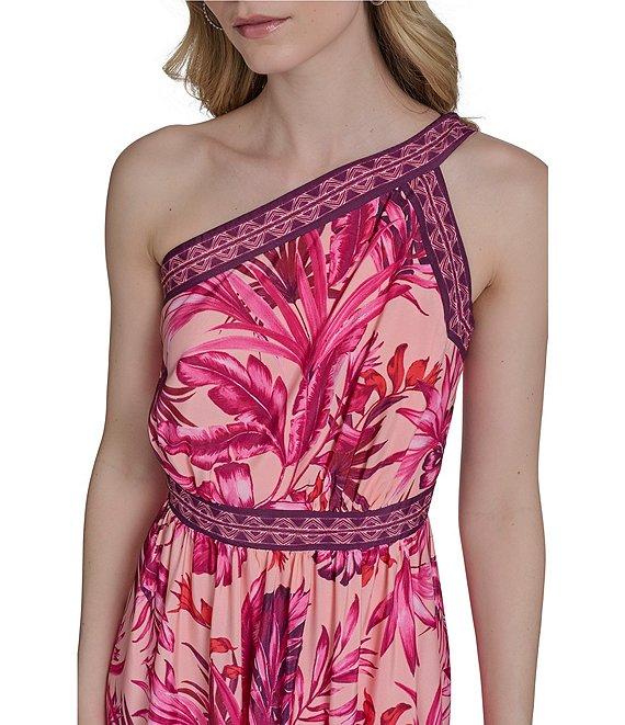 Eliza J One Shoulder Tropical Floral Print Tiered A-Line Midi Dress Product Image