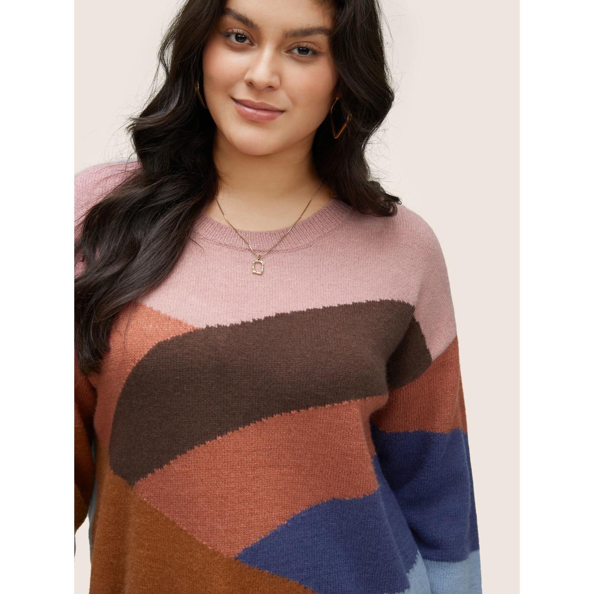Plus Size Supersoft Essentials Colorblock Patchwork Pullover Multicolor Women Casual Long Sleeve Round Neck Everyday Pullovers BloomChic 26/4X Product Image