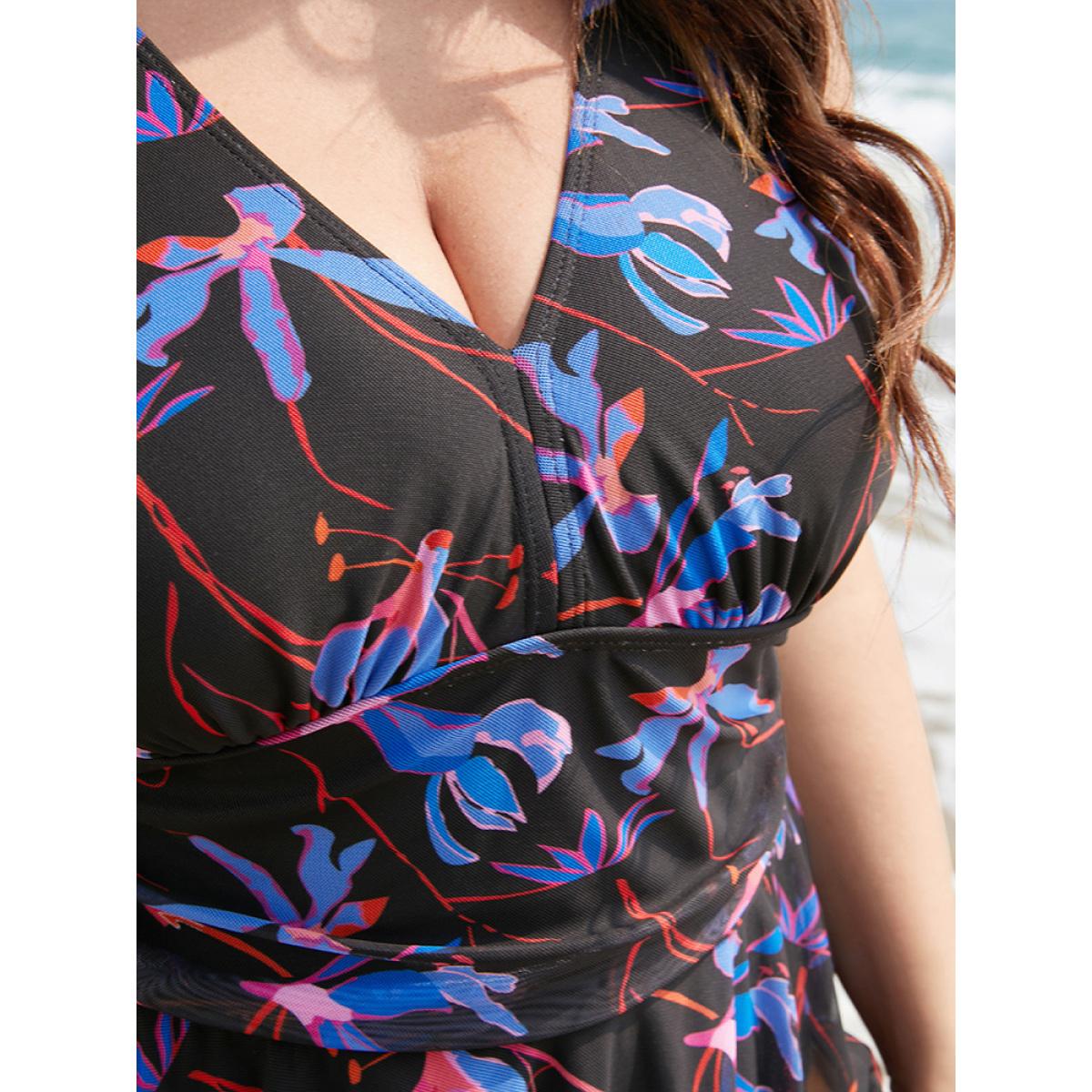 Plus Size Floral Print Adjustable Straps Gathered Asymmetrical Hem Swim Dress Women's Swimwear BlackFlower Vacation Bodycon V-neck High stretch Curve Swim Dresses BloomChic 12/L Product Image