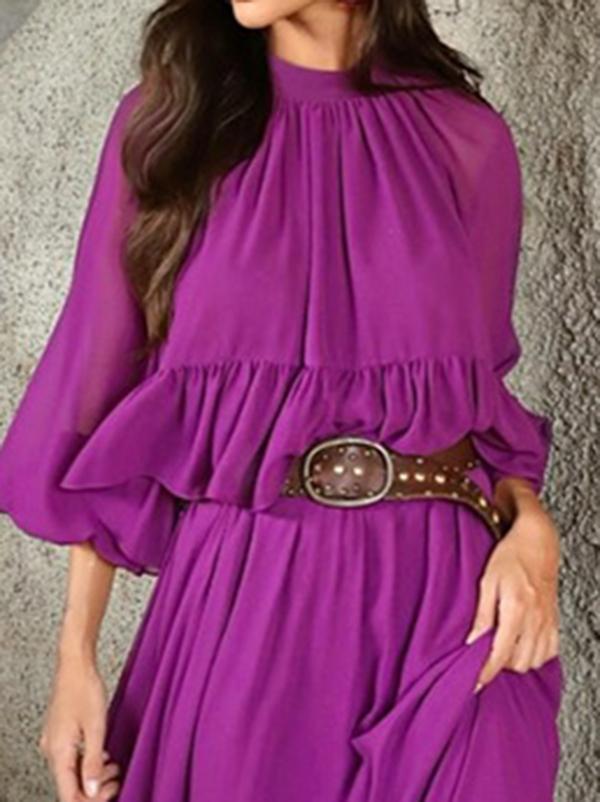 Flared Sleeves Loose Pleated Solid Color Split-Joint Round-Neck Maxi Dresses Product Image