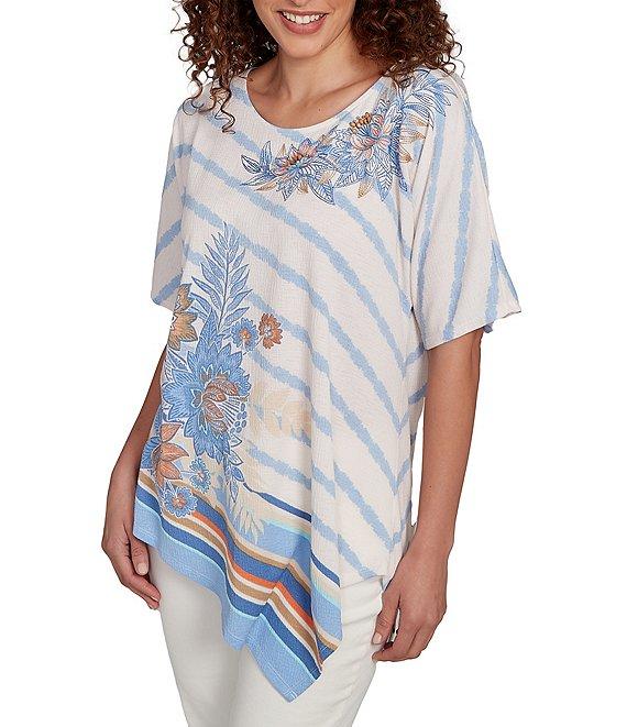 Ruby Rd. Embroidered Stripe Scoop Neck Short Sleeve Asymmetric Hem Knit Top Product Image