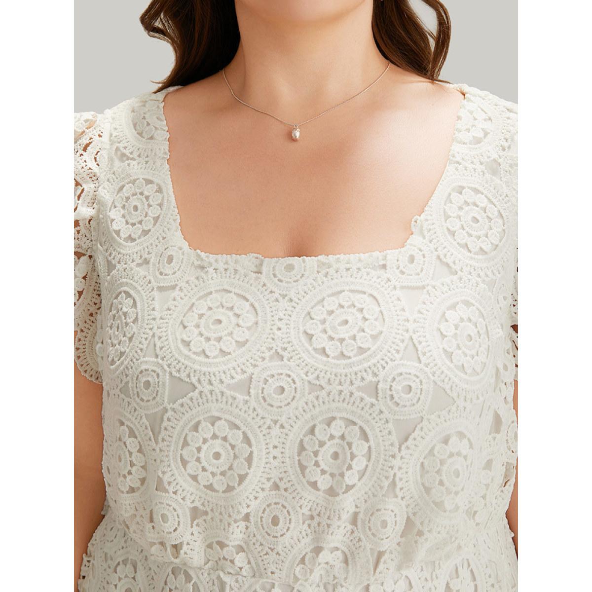 Plus Size Plain Lace Flutter Trim Pocket Square Neck Dress White Women Glamour Lined Square Neck Sleeveless Curvy Midi Dress BloomChic 14-16/1X Product Image