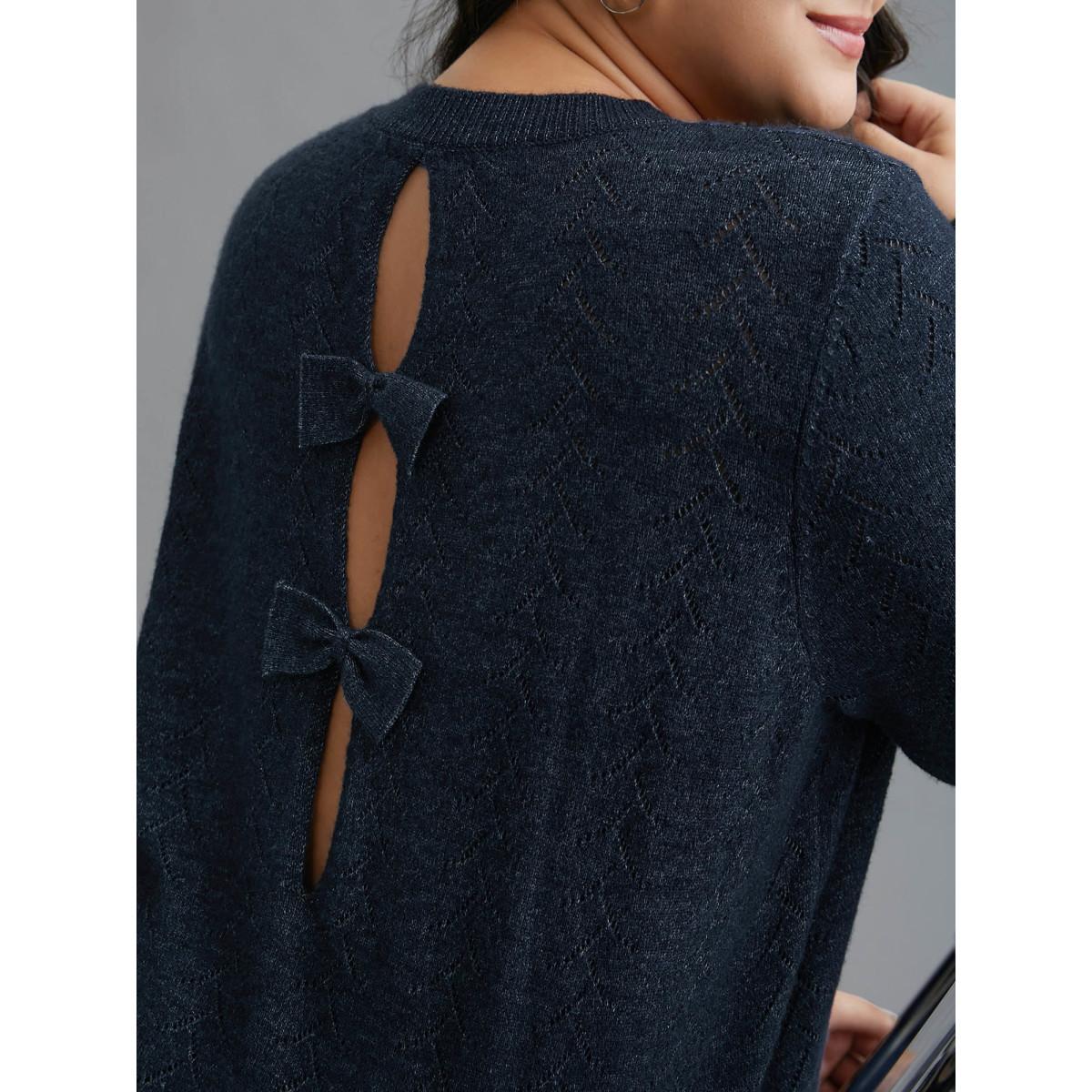 Plus Size Hollowed-Out-Back Bows V-Neck Pullover Midnight Women Casual Loose Long Sleeve V-neck Everyday Pullovers BloomChic 30/6X Product Image