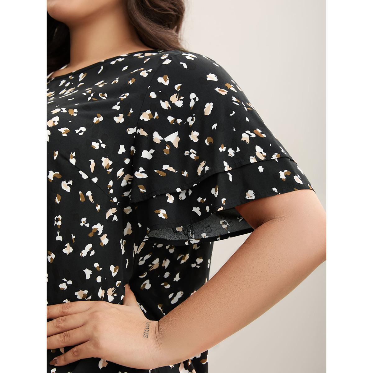 Plus Size Black Leopard Dot Print Layered Sleeve Blouse Women Short sleeve Round Neck Work Blouses BloomChic 30/6X Product Image