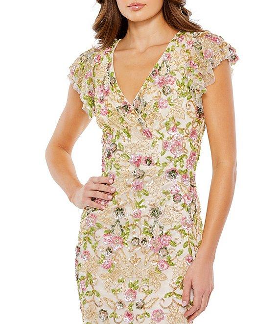 Mac Duggal Sequin Embroidered Surplice V-Neck Flutter Cap Sleeve Midi Sheath Dress Product Image