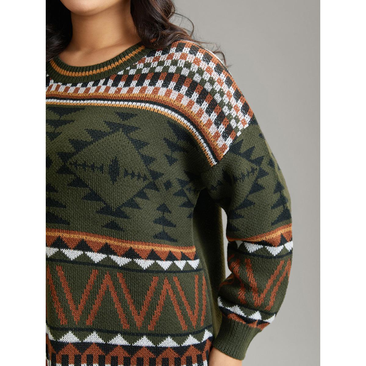 Plus Size Geometric Contrast Crew Neck Drop Shoulder Pullover DarkGreen Women Casual Loose Long Sleeve V-neck Everyday Pullovers BloomChic 30/6X Product Image