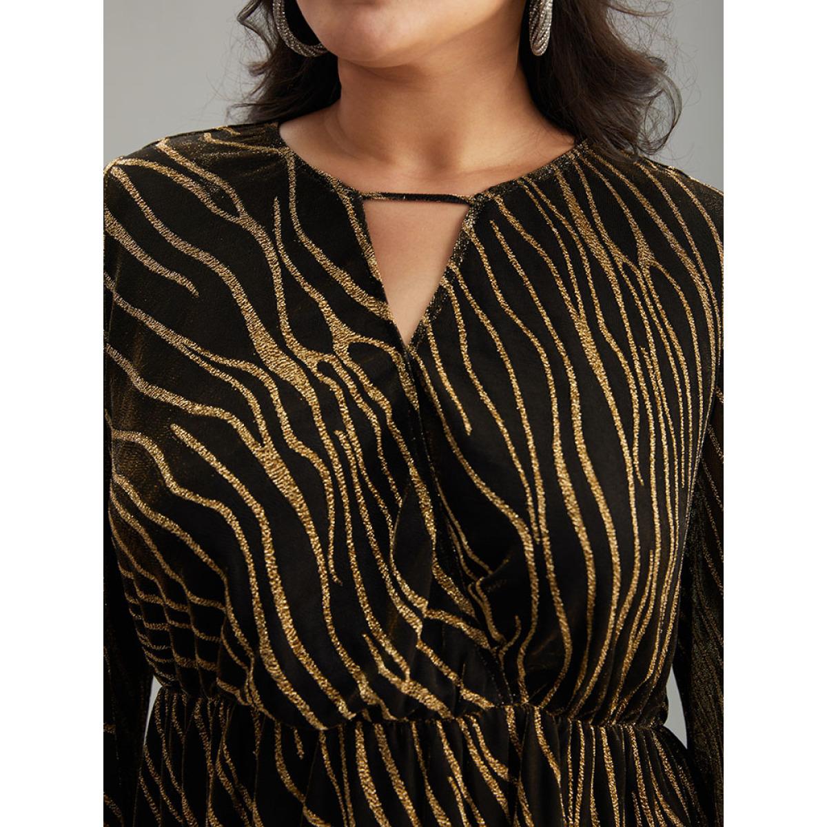 Plus Size Gold Glitter Striped Mesh Keyhole Lantern Sleeve Blouse Women Cocktail Long Sleeve Keyhole Cut-Out Party Blouses BloomChic 12/L Product Image