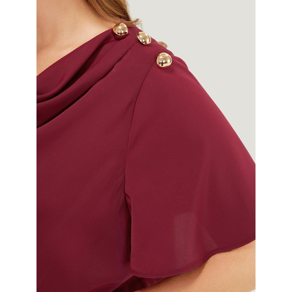 Plus Size Scarlet Plain Cowl Neck Button Detail Flutter Sleeve Blouse Women Office Short sleeve Cowl Neck Office Blouses BloomChic 12/L Product Image
