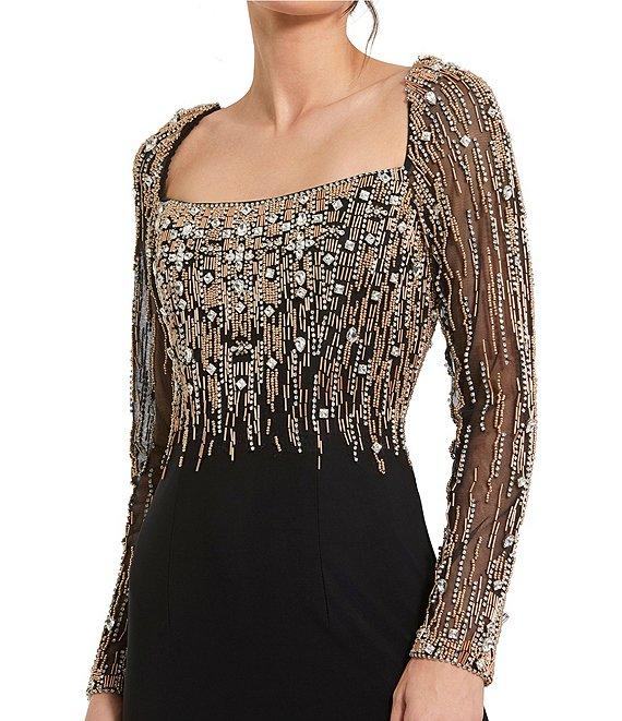 Mac Duggal Beaded Square Neck Long Illusion Sleeve Jersey Side Slit Gown Product Image