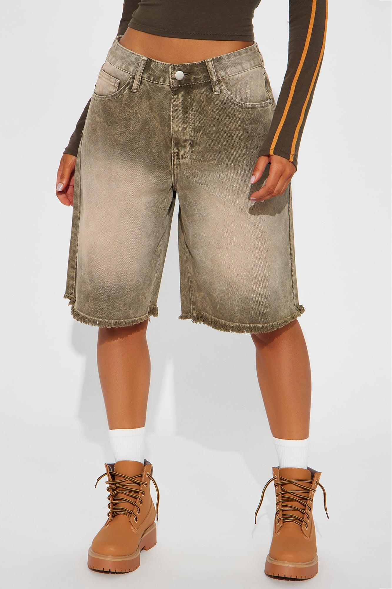 Come A Long Way Baggy Denim Jorts - Olive Product Image