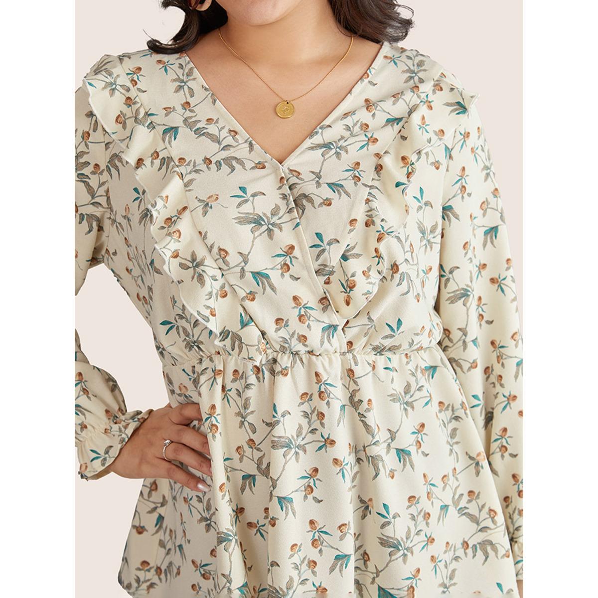 Plus Size Apricot Ditsy Floral Overlap Collar Ruffle Trim Blouse Women Elegant Long Sleeve Overlap Collar Everyday Blouses BloomChic 14-16/1X Product Image