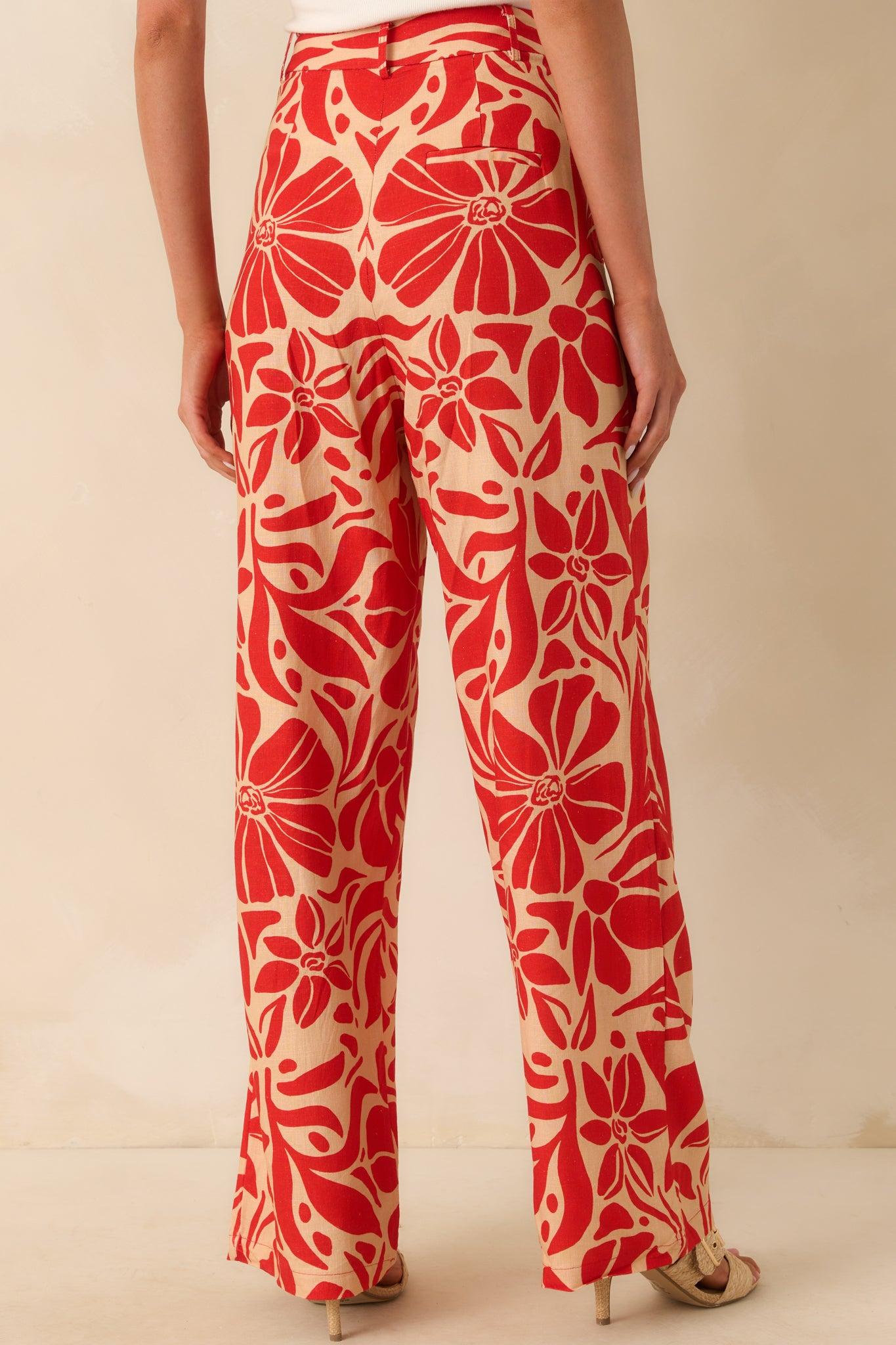 Aylaya Red Floral Print Linen Blend Key West Pants Product Image