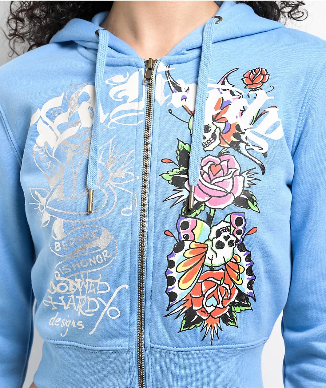Ed Hardy Flower Skulls Powder Blue Crop Zip Hoodie Product Image