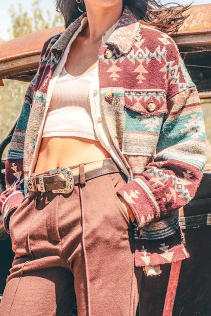 MINT MIX AZTEC PATTERN COLLARed JACKET Product Image