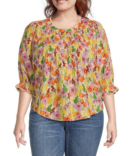 Democracy Plus Size Woven Floral Fruit Print Round Neck Elbow Sleeve Half Button Front Placket Pintuck Detail Top Product Image