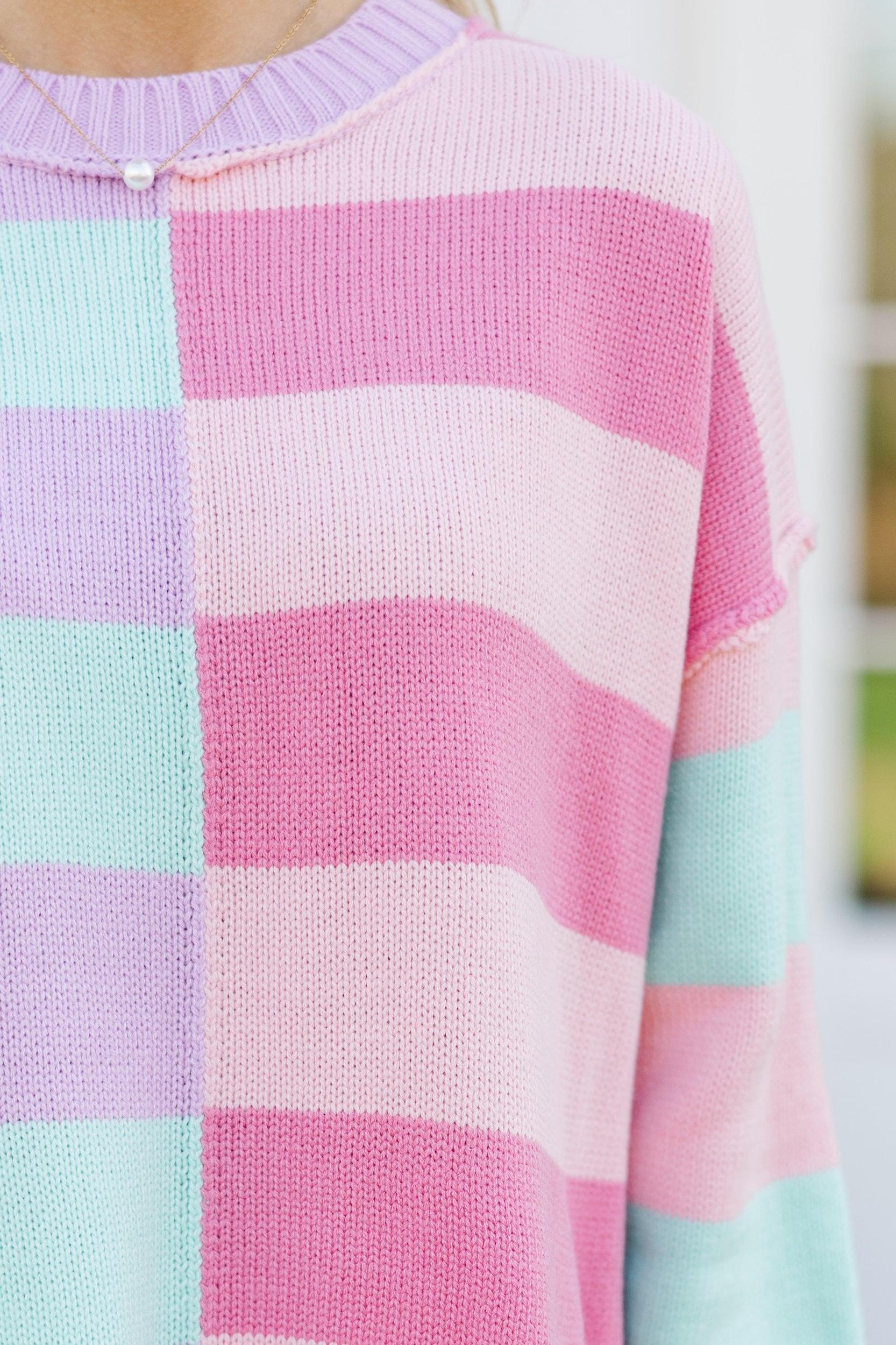 All About You Mint & Coral Striped Sweater Female Product Image