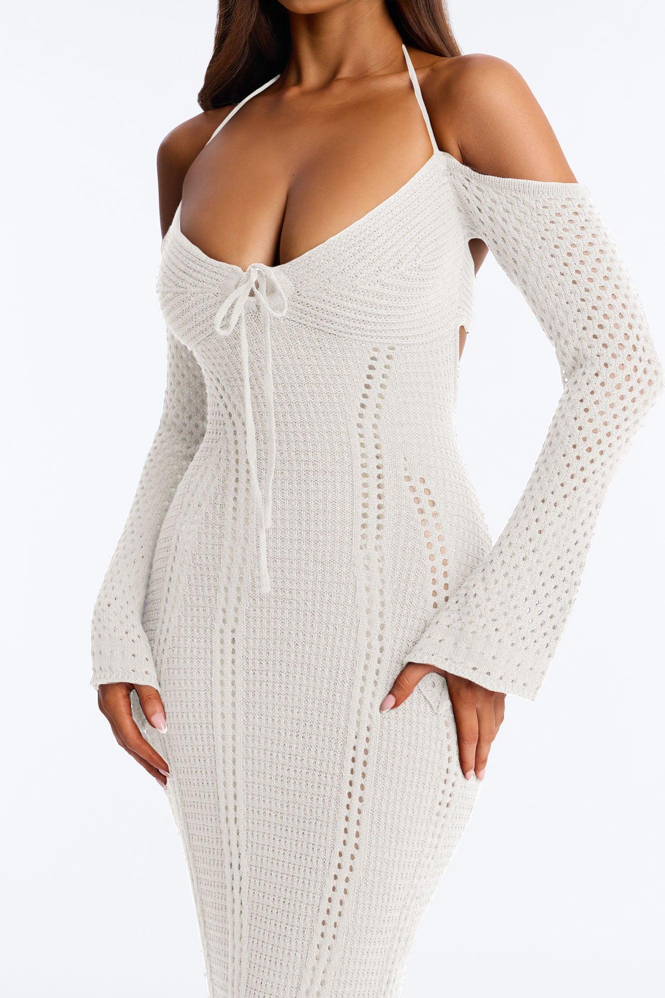 Wanderlust Backless Crochet Maxi Dress - Cream Female Product Image