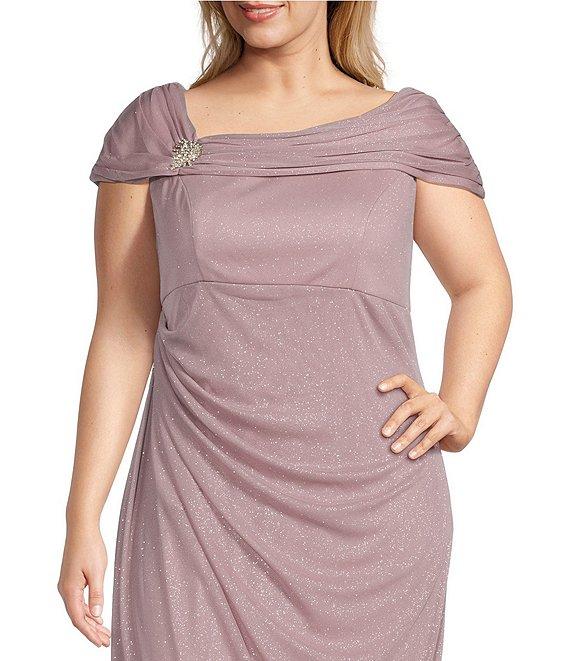 Alex Evenings Plus Size Embellished Ruched Portrait Neck Cap Sleeve Glitter Mesh Sheath Dress Product Image