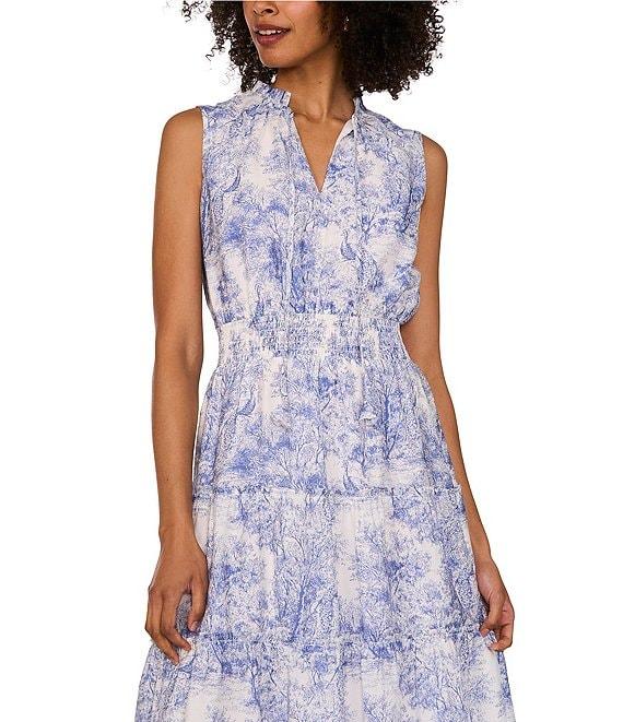 1. STATE Woven Toile Print V-Neck Sleeveless Smocked Waist Tiered Maxi Dress Product Image