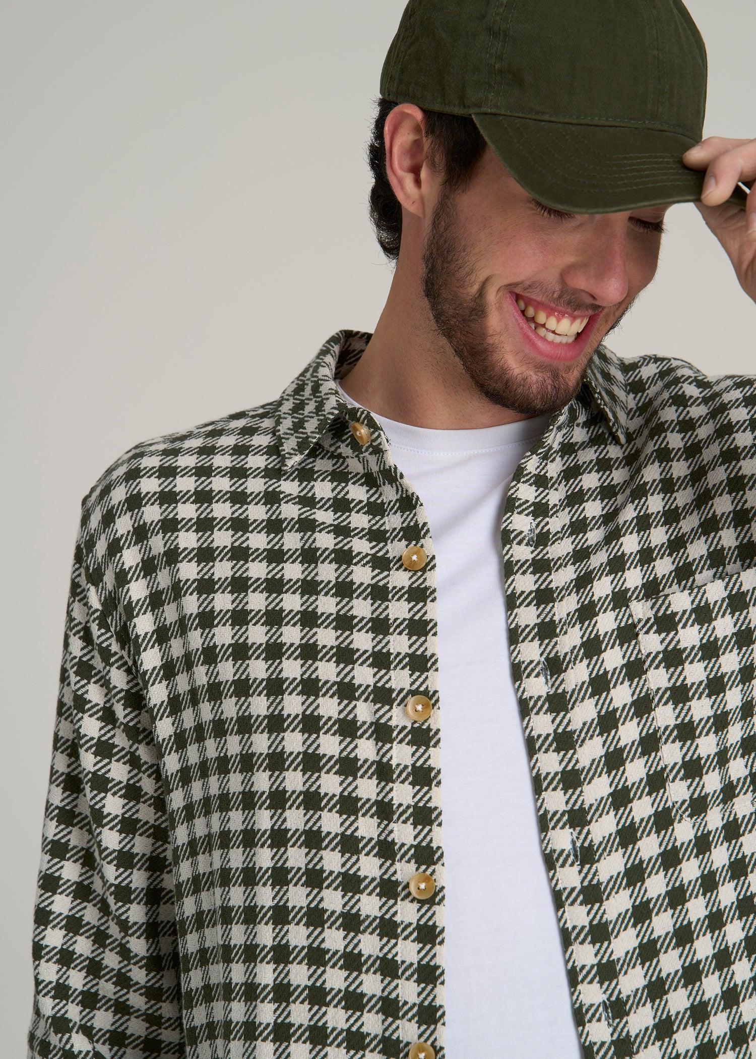 Lightweight Woven Overshirt for Tall Men in Olive and Ecru Check Male Product Image