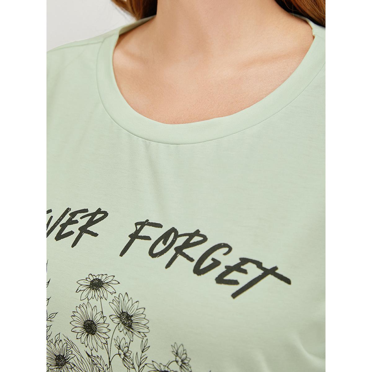 Plus Size Sunflower & Letter Print Slightly Stretchy Short Sleeve T-shirt LightGreen Women Casual Natural Flowers Dailywear T-shirts BloomChic 14-16/1X Product Image
