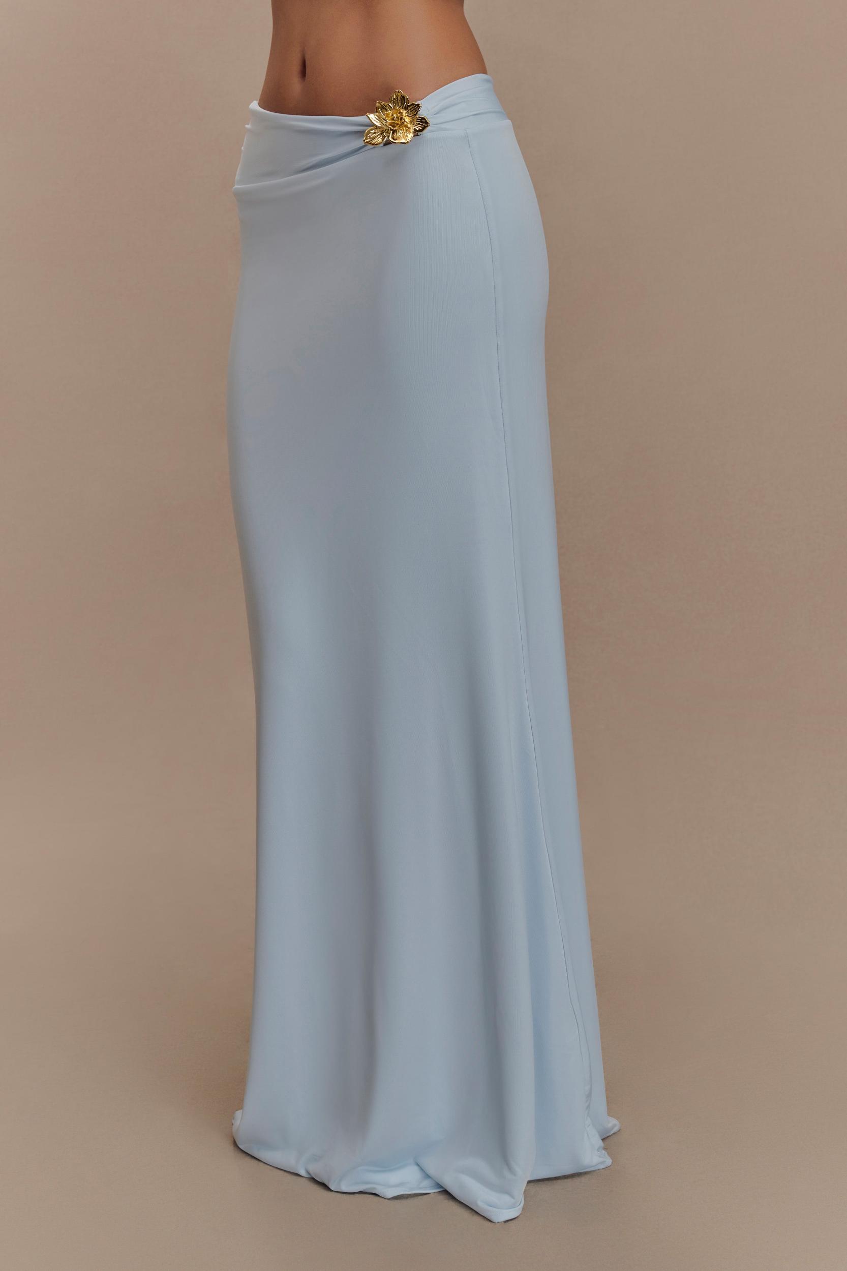 Ainsley Asymmetrical Maxi Skirt With Floral Hardware - Pale Blue Product Image