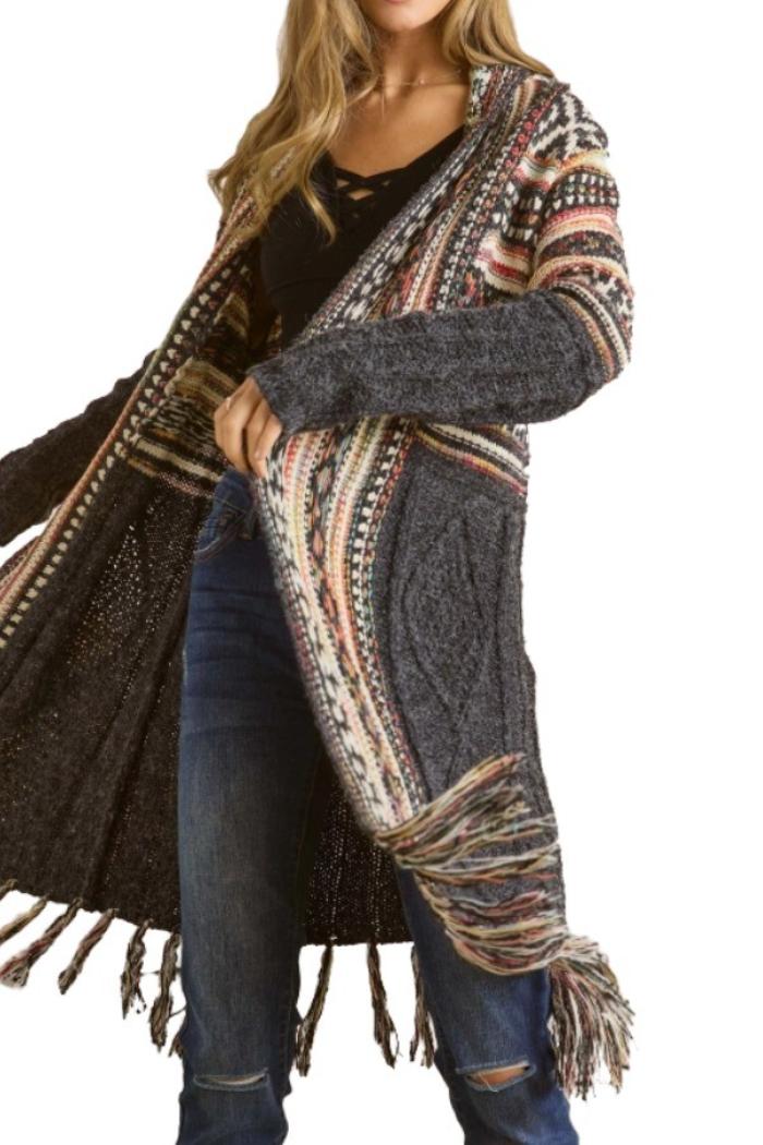 Aztec Fringe Kimono Sweater Cardigan Product Image