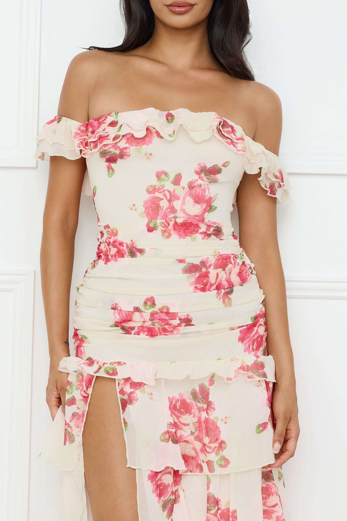 Floralicious Off Shoulder Maxi Dress Cream Product Image