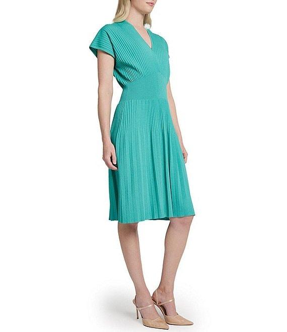 Ming Wang x Tanya Foster Ribbed Knit V-Neck Short Sleeve Fit-And-Flare Dress Product Image