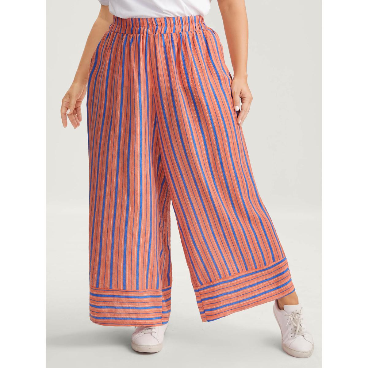 Plus Size Soft Stripes Stretchy Waist Wide-Leg Pants Women Coral Casual Wide Leg Mid Rise Everyday-Casual Pants BloomChic 22-24/3X Product Image
