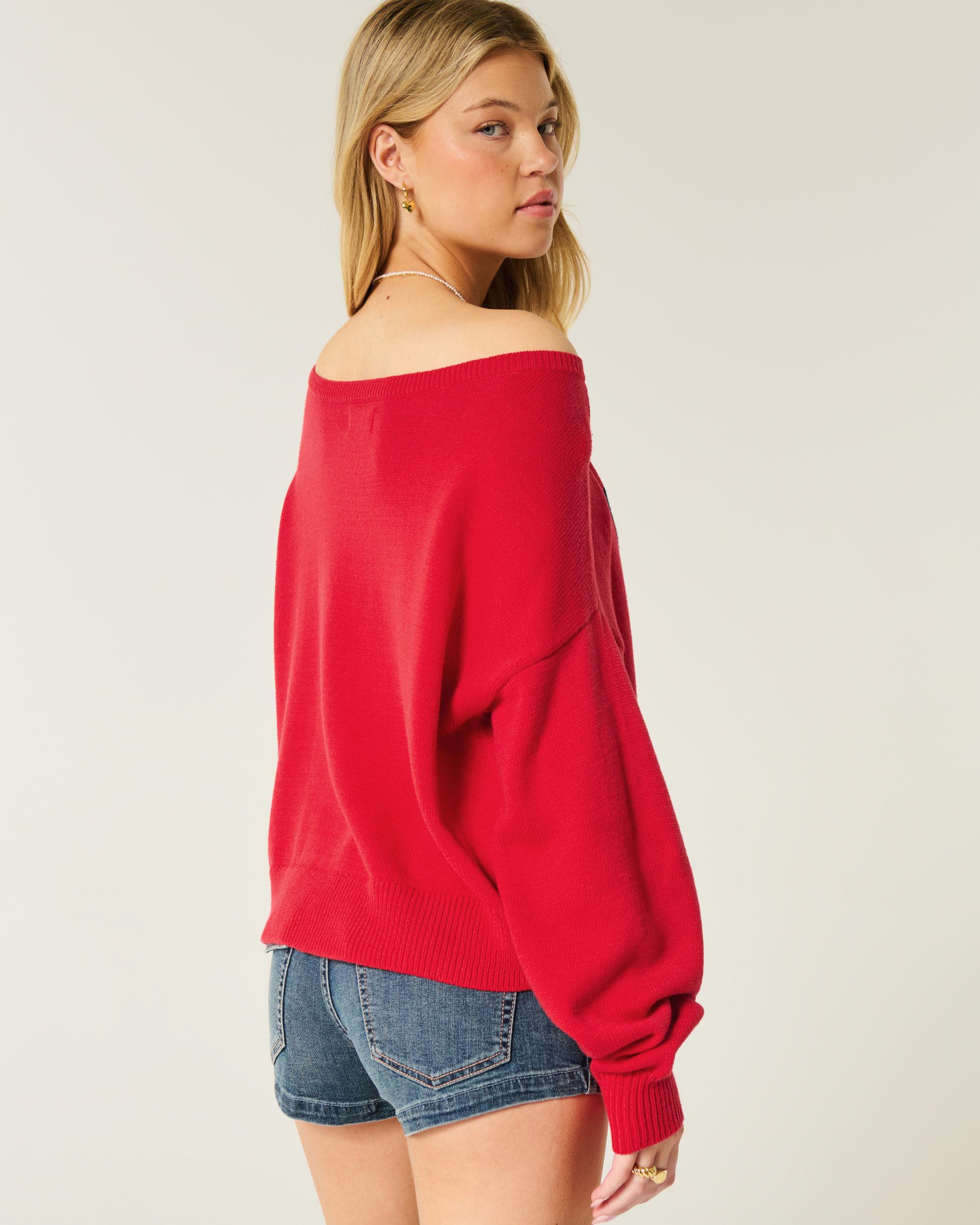 Easy Off-the-Shoulder Heart Flag Graphic Sweater Product Image