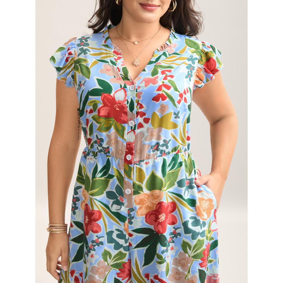 Plus Size LightBlue Sunkissed Floral Print Button Wide-Leg Jumpsuit Women Resort Cap Sleeve Notched collar Vacation Loose Jumpsuits BloomChic 14-16/1X Product Image