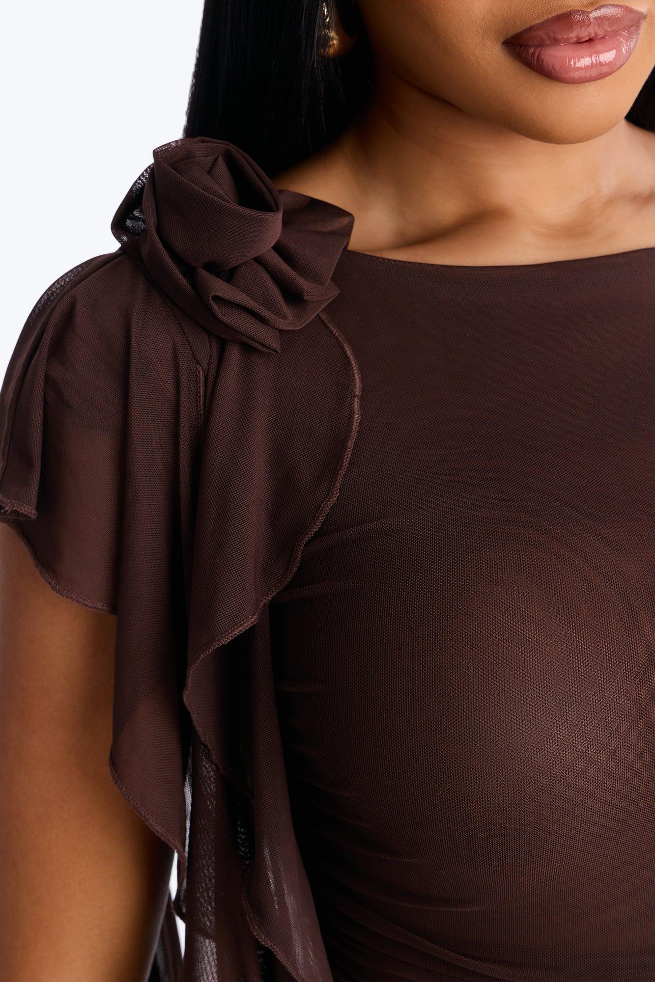 Haley Ruffle Mesh Cap Sleeve Bodysuit - Chocolate Female Product Image