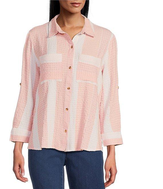 Intro Woven Stripe Point Collar Long Roll-Tab Sleeve Button Front Shirt Product Image