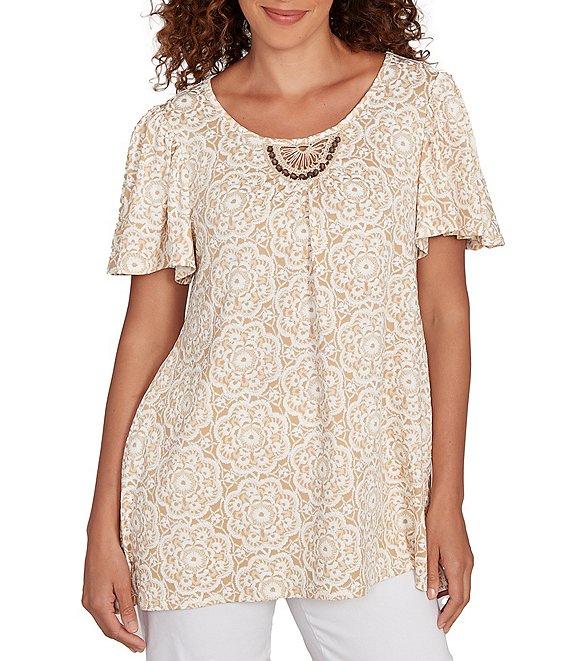 Ruby Rd. Petite Size Embellished Beaded Macrame Scoop Neck Short Sleeve Top Product Image